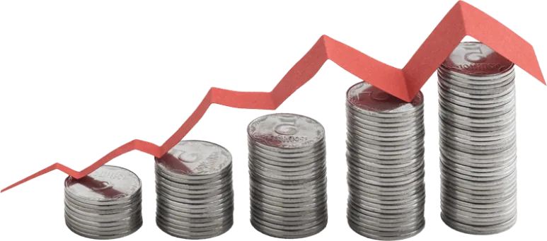 Stacks of coins with a rising trend line